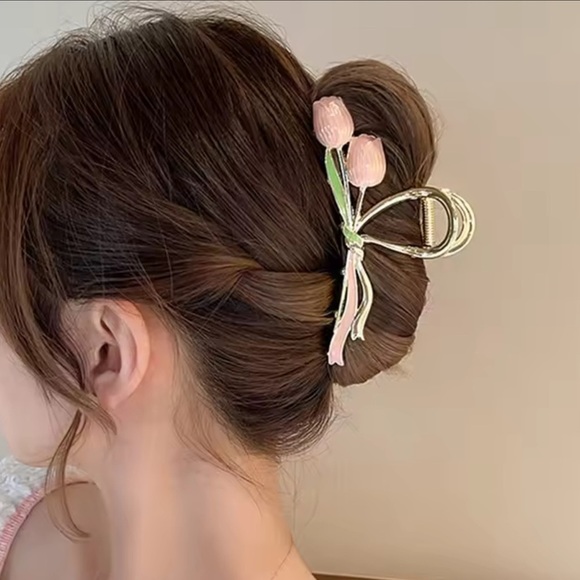 Pink Tulip Metal Enamel Hair Clip